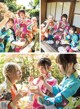 A group of women in kimonos eating food with chopsticks.